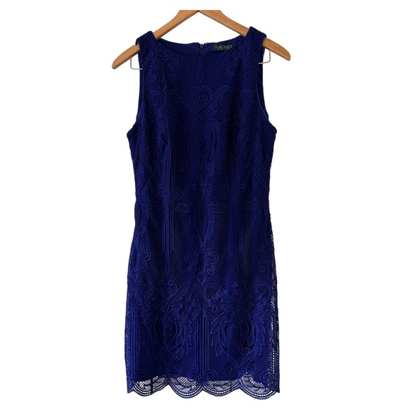 Lauren Ralph Lauren Dresses & Skirts - Lauren Ralph Lauren Royal Blue Lace Sheath Dress Scalloped Hem Size 10 Cocktail